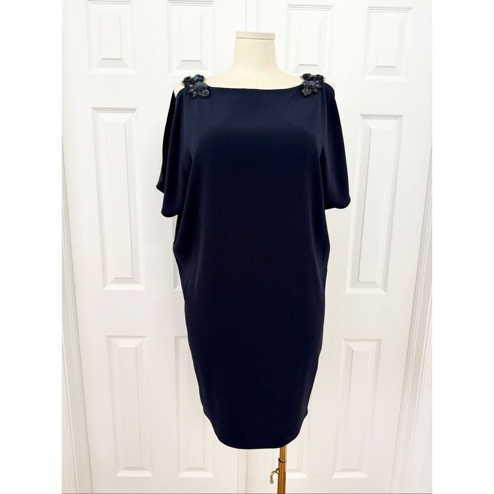 Rickie Freeman Teri Jon Navy Blue Floral Sequin Beaded Sheath Cape Dress 10 NWT